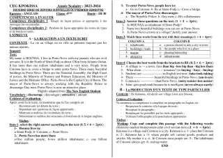 Première page de Anglais 5e — Devoir surveillé, 1er semestre (2023-2024) · CEG KPOKISSA