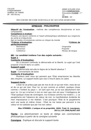 Première page de Philosophie 1ère A2, 1ère B — 2e devoir surveillé, 2e semestre (2019-2020) · CEG Tankpè