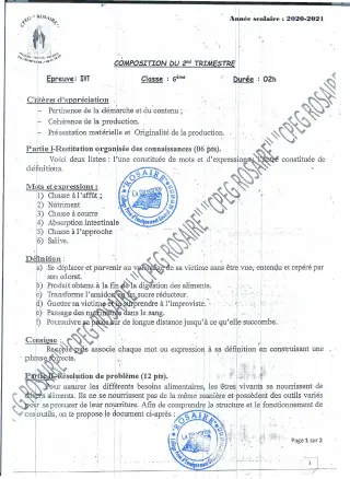 Première page de SVT 6e — 2e trimestre (2020-2021) · CPEG ROSAIRE