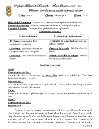 Première page de Philosophie 1ère A — 1er devoir surveillé, 1er semestre (2020-2021) · PMB