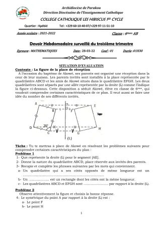 Première page de Mathématiques 6e — Devoir surveillé, 3e trimestre (2021-2022) · Hibiscus 1er cycle