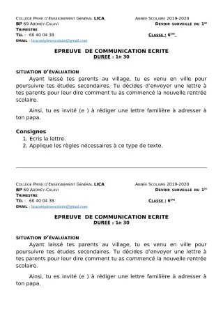 Première page de Français 6e — Devoir surveillé, 1er trimestre (2019-2020) · CPEG LICA