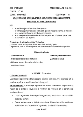 Première page de Histoire-Géographie 2nde A & B — 2e production scolaire, 2e semestre (2018-2019) · CEG Kpomassè
