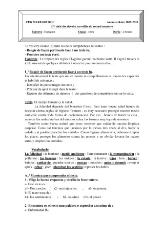 Première page de Espagnol 4e ML — 1er devoir surveillé, 2e semestre (2019-2020) · CEG MAREGOUROU