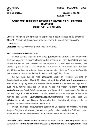 Première page de Allemand Tle A1, Tle A2, Tle B — 2e devoir surveillé, 1er semestre (2020-2021) · CEG PAHOU
