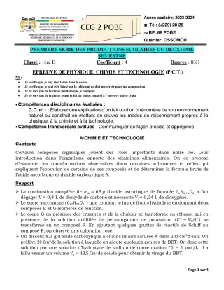 Première page de PCT 1ère D — 1re production scolaire, 2e semestre (2023-2024) · CEG 2 Pobè