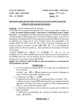 Première page de Mathématiques 2nde C, 2nde D — 1er devoir surveillé, 2e semestre (2022-2023) · CEG LE NOKOUE