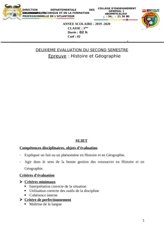 Première page de Histoire-Géographie 3e, 3e ML — 2e semestre (2019-2020) · CEG1 Abomey-Calavi