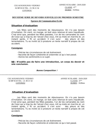 Première page de Français 6e — 2e devoir surveillé, 1er semestre (2019-2020) · CEG Kouhounou-Vêdoko