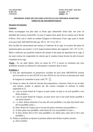 Première page de Mathématiques 2nde C — 1er devoir surveillé, 1er semestre (2018-2019) · CEG HOUEYIHO