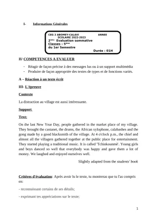 Première page de Anglais 5e — 2e évaluation sommative, 1er semestre (2022-2023) · CEG2 ABOMEY - CALAVI (CEG ZOCA)