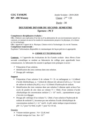 Première page de PCT 2nde C, 2nde D — 2e devoir surveillé, 2e semestre (2019-2020) · CEG Tankpè