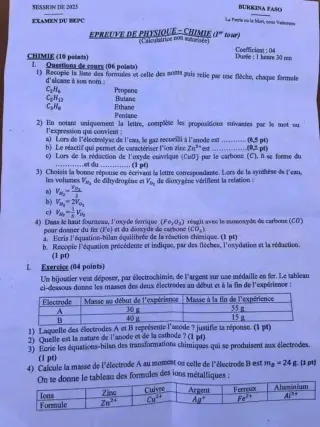 Première page de Épreuve de Physique Chimie (1er Tour) – BEPC 2025 Burkina Faso
