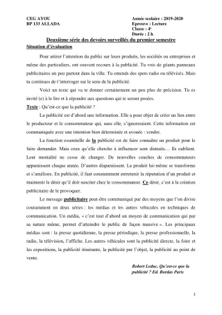 Première page de Français 4e ML&MC — 2e devoir surveillé, 1er semestre (2019-2020) · CEG AYOU