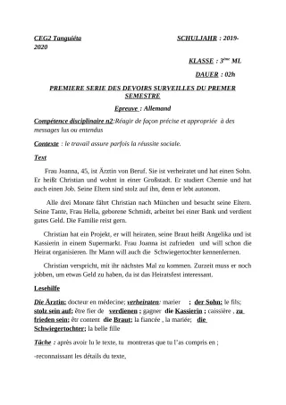Première page de Allemand 3e ML — 1er devoir surveillé (2019-2020) · CEG2 TANGUIETA