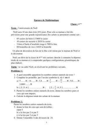Première page de Devoir surveillé de MATHS GENE — 6e — CEG Dantokpa (2019)