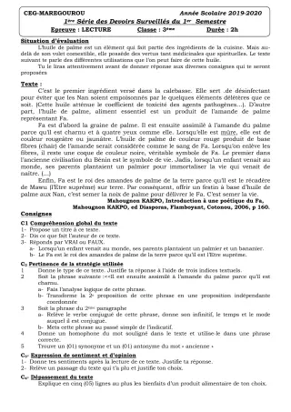 Première page de Français 3e, 3e ML — 1er devoir surveillé, 1er semestre (2019-2020) · CEG MAREGOUROU