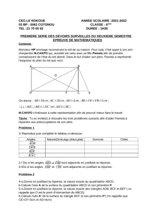 Première page de Mathématiques 6e — 1er devoir surveillé, 2e semestre (2021-2022) · CEG LE NOKOUE