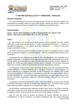 Première page de Français 2nde A, 2nde B, 2nde C, 2nde D — 1er devoir surveillé, 3e trimestre (2019-2020) · CPEG LE PHARAON