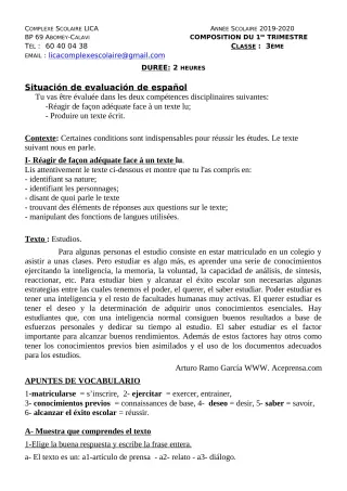 Première page de Espagnol 3e ML — Composition, 1er trimestre (2019-2020) · CPEG LICA