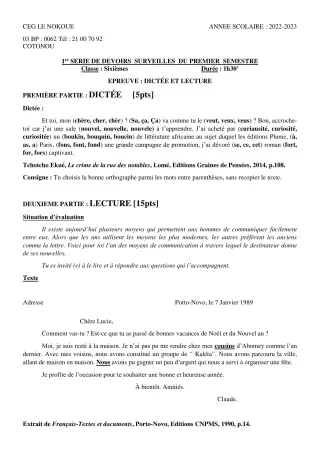 Première page de Français 6e — 1er devoir surveillé, 1er semestre (2022-2023) · CEG LE NOKOUE