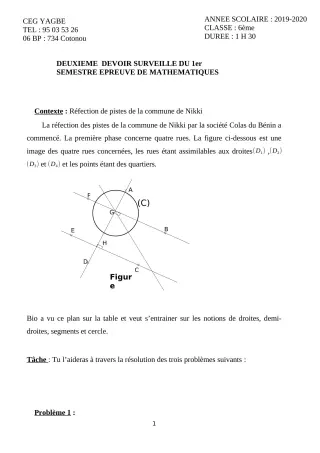 Première page de Mathématiques 6e — 2e devoir surveillé, 1er semestre (2019-2020) · CEG Yagbe