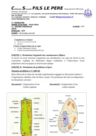 Première page de SVT 2nde A1, 2nde A2, 2nde B, 2nde C, 2nde D — 1er devoir surveillé, 1er trimestre (2019-2020) · CPEG Fils-Le-Père