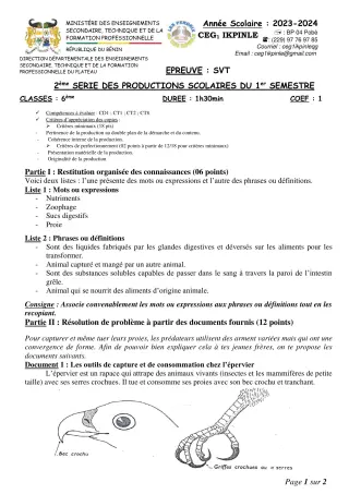 Première page de SVT 6e, 5e, 4e, 3e, 2nde A, 2nde C, 1ère A, 1ère C, Tle A1, Tle A2, Tle C, Tle D — 2e production scolaire, 1er semestre (2023-2024) · CEG1 Ikpinlè