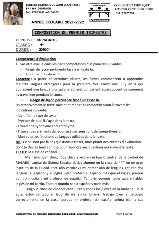 Première page de Français 6e, 5e, 4e, 4e ML, 3e, 3e ML, 2nde A1, 2nde A2, 2nde C, 2nde D, 1ère A1, 1ère A2, 1ère C, 1ère D, Tle A1, Tle A2, Tle C, Tle D — 2e composition, 1er trimestre (2021-2022) · CCJPII DJOUGOU