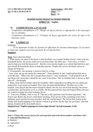 Première page de Anglais 3e, 3e ML — 2e devoir surveillé, 1er trimestre (2021-2022) · CEPG La Prunelle de Dieu