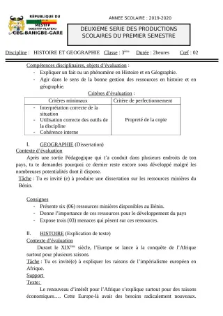 Première page de Histoire-Géographie 6e, 5e, 4e, 4e ML, 3e, 3e ML — 2e production scolaire, 1er semestre (2019-2020) · CEG Banigbégare