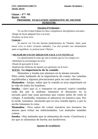 Première page de Espagnol 4e ML, 3e ML, 2nde A & B — 1re évaluation sommative, 2e semestre (2018-2019) · CEG Ahossougbéta