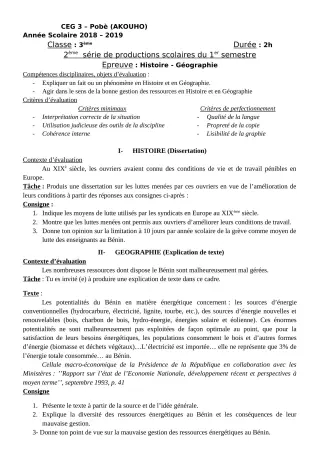 Première page de Histoire-Géographie 3e, 3e ML — 2e production scolaire, 1er semestre (2018-2019) · CEG3 Pobè (Akouho)