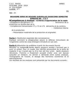 Première page de SVT 3e, 3e ML — 2e devoir surveillé, 2e semestre (2018-2019) · CEG PAHOU