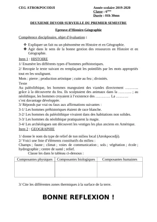Première page de Histoire-Géographie 6e — 2e devoir surveillé, 1er semestre (2019-2020) · CEG ATROKPOCODJI
