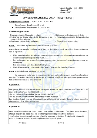 Première page de SVT 5e — 2e devoir surveillé, 1er trimestre (2019-2020) · CPEG LE PHARAON