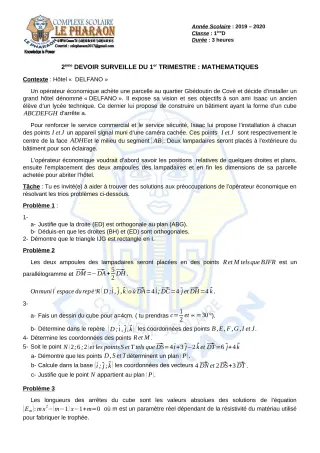 Première page de Mathématiques 1ère D — 2e devoir surveillé, 1er trimestre (2019-2020) · CPEG LE PHARAON
