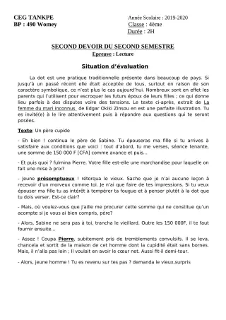 Première page de Français 4e ML&MC — 2e devoir surveillé, 2e semestre (2019-2020) · CEG Tankpè