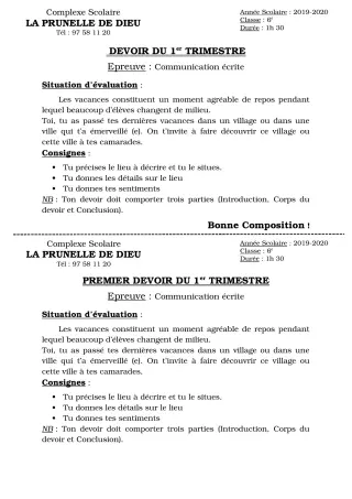 Première page de Français 6e — Composition, 1er trimestre (2019-2020) · CEPG La Prunelle de Dieu