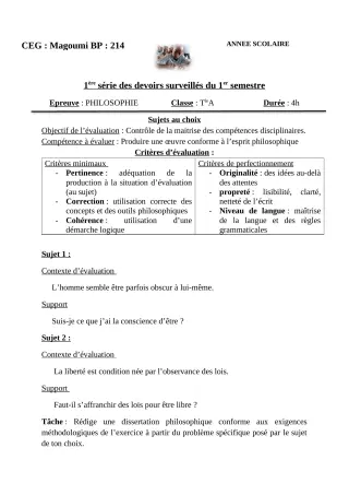Première page de Philosophie Tle A2, Tle D — 1er devoir surveillé, 1er semestre (2019-2020) · CEG MAGOUMI
