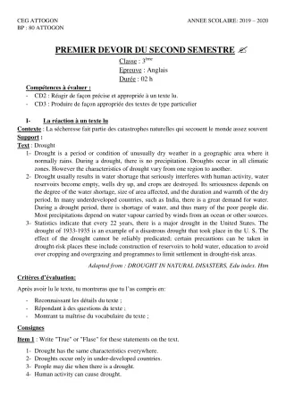 Première page de Anglais 3e, 3e ML — 1er devoir surveillé, 2e semestre (2019-2020) · CEG Attogon