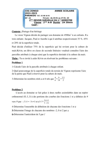 Première page de Mathématiques 2nde A, 2nde B — 2e devoir surveillé, 1er semestre (2022-2023) · CEG ZONGO