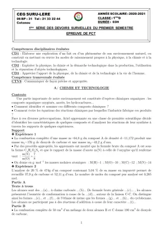 Première page de PCT 1ère D — 1er devoir surveillé, 1er semestre (2020-2021) · CEG SURU-LERE