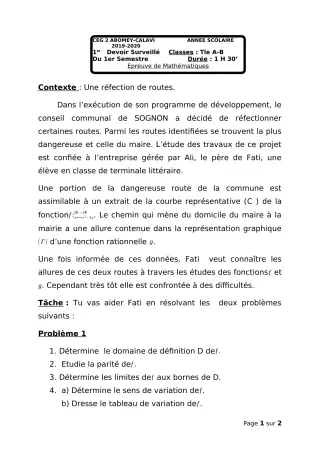 Première page de Mathématiques Tle A1, Tle A2, Tle B — 1er devoir surveillé, 1er semestre (2018-2019) · CEG2 ABOMEY - CALAVI (CEG ZOCA)