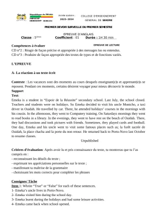 Première page de Anglais 5e — 1er devoir surveillé, 1er semestre (2023-2024) · CEG SEKERE