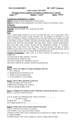 Première page de Anglais 5e — Évaluation sommative, 1er semestre (2019-2020) · CEG2 Godomey