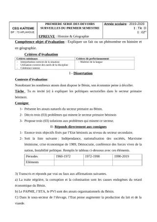 Première page de Histoire-Géographie Tle D — 1er devoir surveillé, 1er semestre (2019-2020) · CEG Kaïtèmè