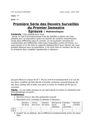 Première page de Mathématiques 6e — 1er devoir surveillé, 1er semestre (2019-2020) · CEG Agassa Godomey