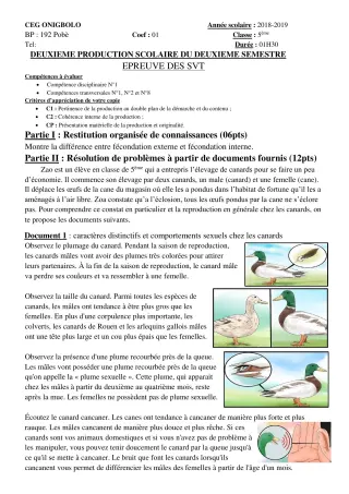 Première page de SVT 5e — 2e production scolaire, 2e semestre (2018-2019) · CEG ONIGBOLO