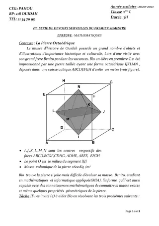 Première page de Mathématiques 1ère C — 1er devoir surveillé, 1er semestre (2020-2021) · CEG PAHOU